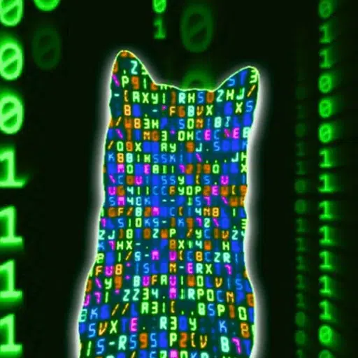 DDOSINU, a Shiba Inu hacker made of glowing code, standing in a rain of green ones and zeros